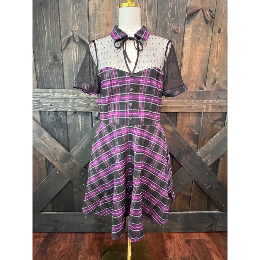 Unique Vintage Black Purple Plaid Dress XL Sheer Mesh Whimsigoth Dark Coquette